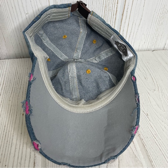 YMF Las Vegas Denim Cap Hat Bedazzled Pearls Distressed Adjustable - Picture 7 of 8